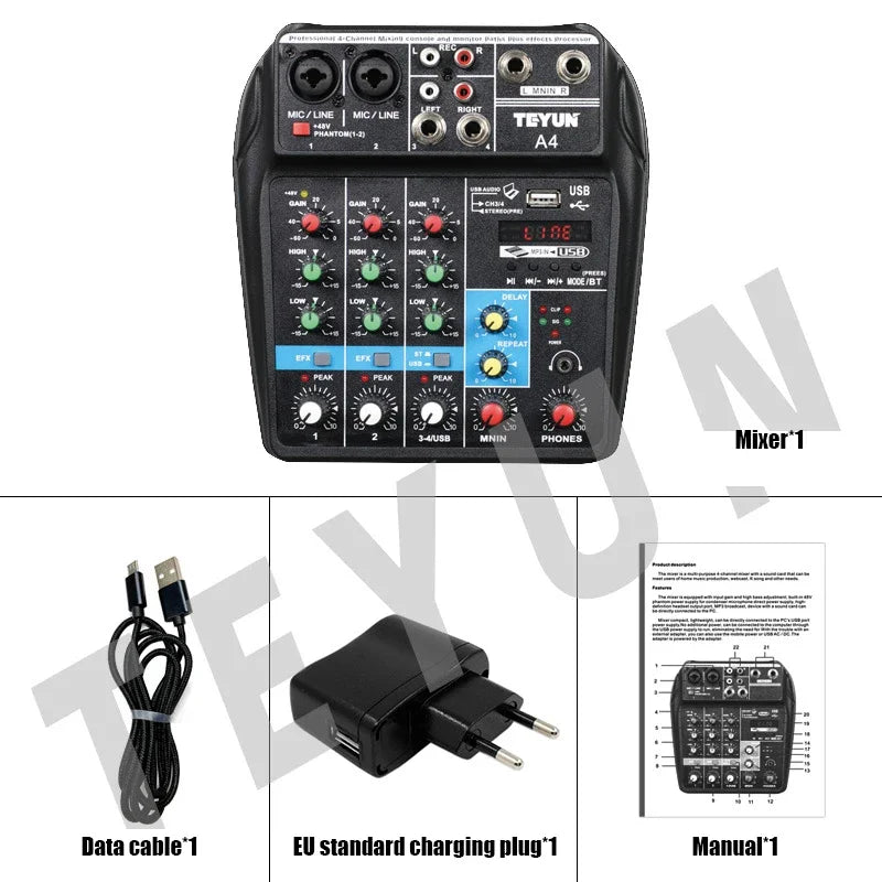 TEYUN A4 Audio Mixer 4-Channel Sound Mixing Console A8 Support Bluetooth USB 48V Power for Karaoke Party Recording Webcasting