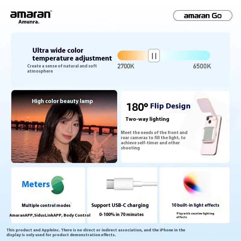 Aputure Amaran Go Ultra-Compact Built-in Mirrored Mini LED Phone Light Magnetic Mount Versatile Flip for Selfies Vlog Custom