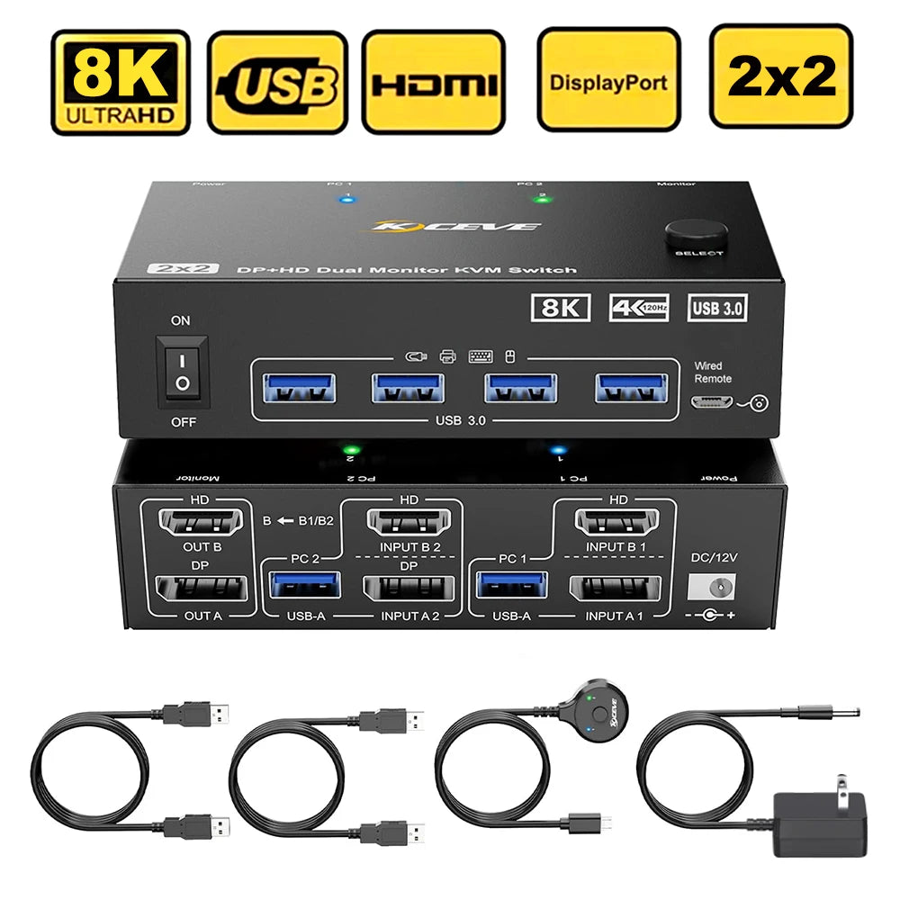 Dual Monitor KVM Switch 2 Port 8K@60Hz 4K@144Hz HDMI-Compatible+DP USB 3.0 Switch Extended Display 2 Monitors 2 Computers