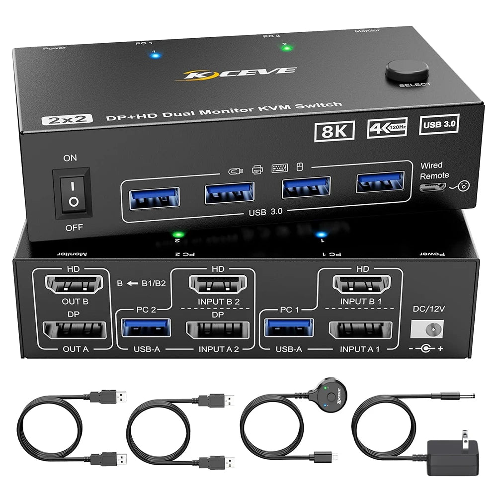 Dual Monitor KVM Switch 2 Port 8K@60Hz 4K@144Hz HDMI-Compatible+DP USB 3.0 Switch Extended Display 2 Monitors 2 Computers