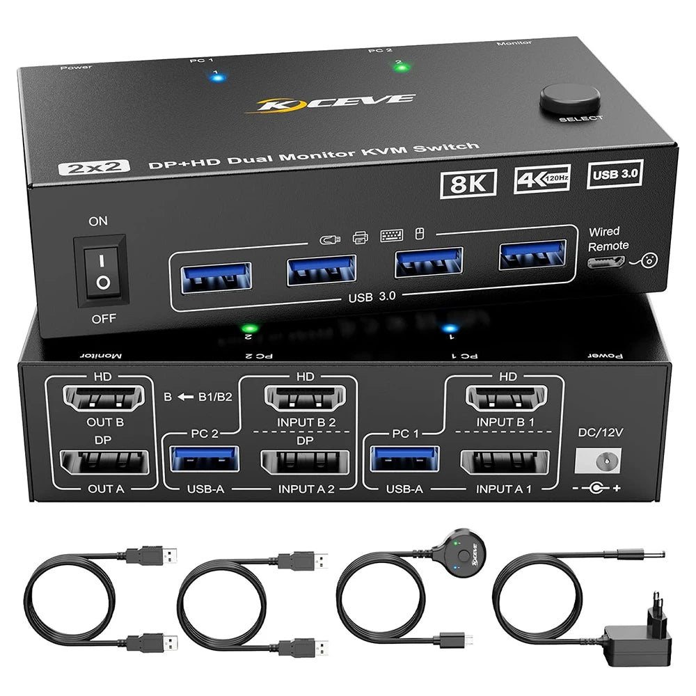 Dual Monitor KVM Switch 2 Port 8K@60Hz 4K@144Hz HDMI-Compatible+DP USB 3.0 Switch Extended Display 2 Monitors 2 Computers