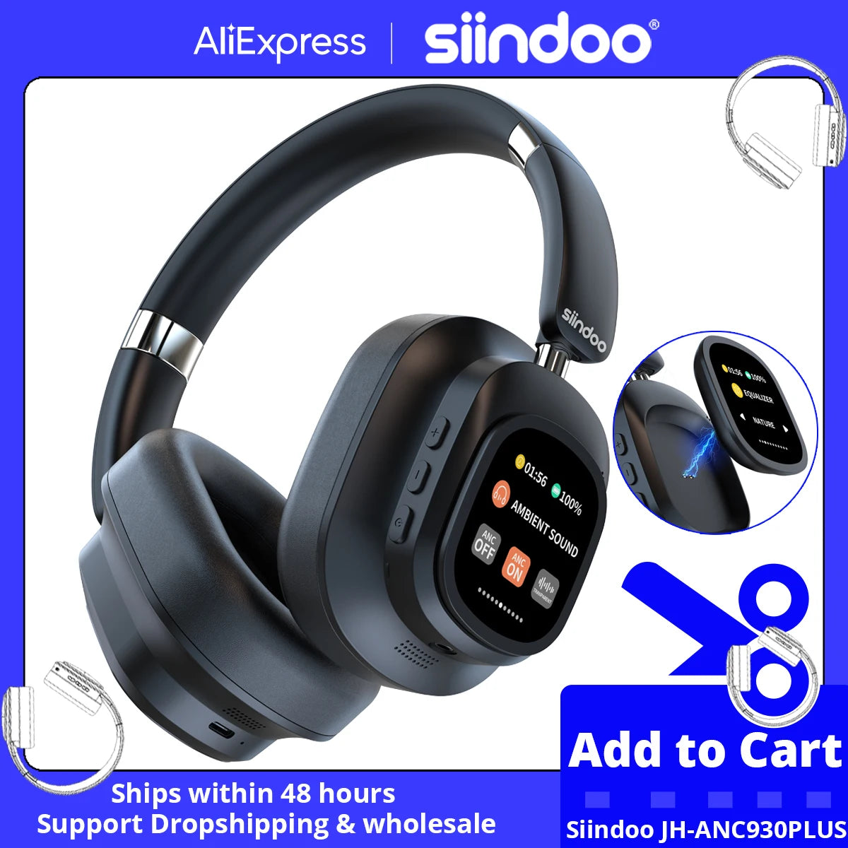 Siindoo JH-ANC930Plus Hybrid Wireless Headphone, Active Noise Cancelling Headphones With Multi Magnetic Touch Control LED Screen