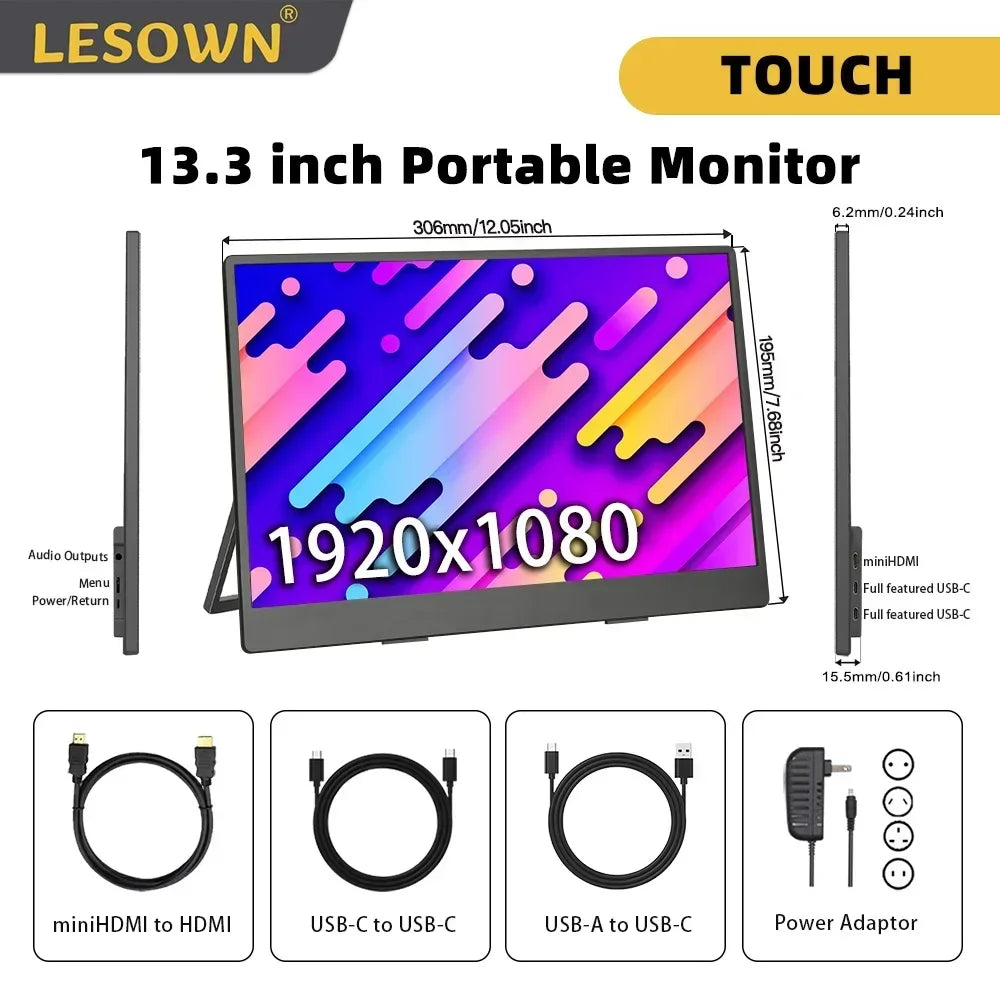 LESOWN Portable Monitor 13.3 inch 4K USB-C HDMI IPS Touch 1920x1080 Widescreen Secondary External Display with Speakers for PC