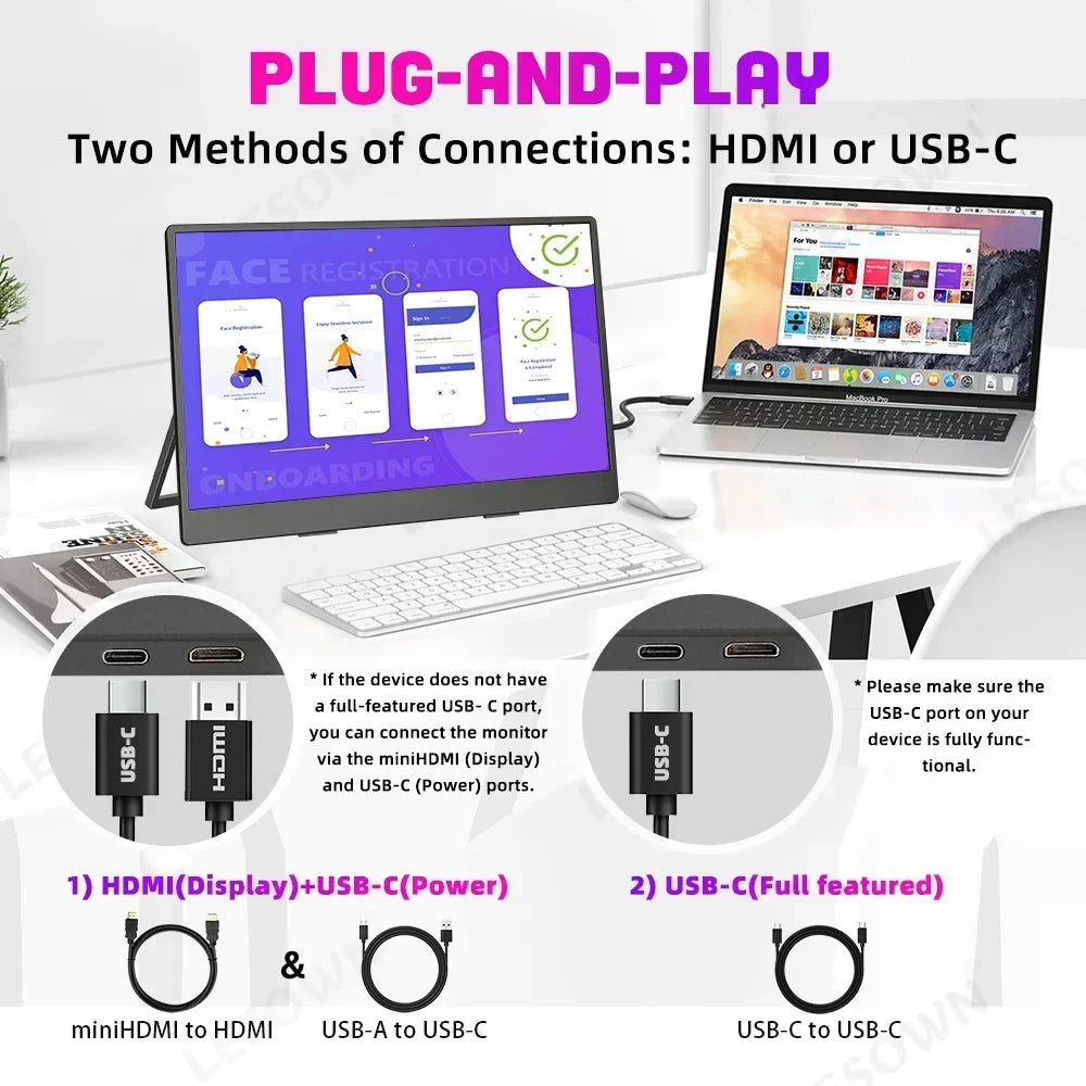 LESOWN Portable Monitor 13.3 inch 4K USB-C HDMI IPS Touch 1920x1080 Widescreen Secondary External Display with Speakers for PC