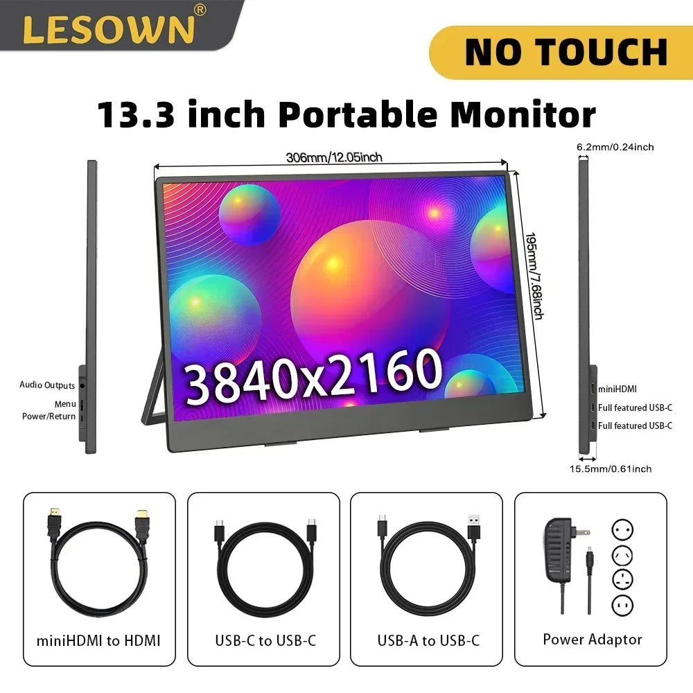 LESOWN Portable Monitor 13.3 inch 4K USB-C HDMI IPS Touch 1920x1080 Widescreen Secondary External Display with Speakers for PC