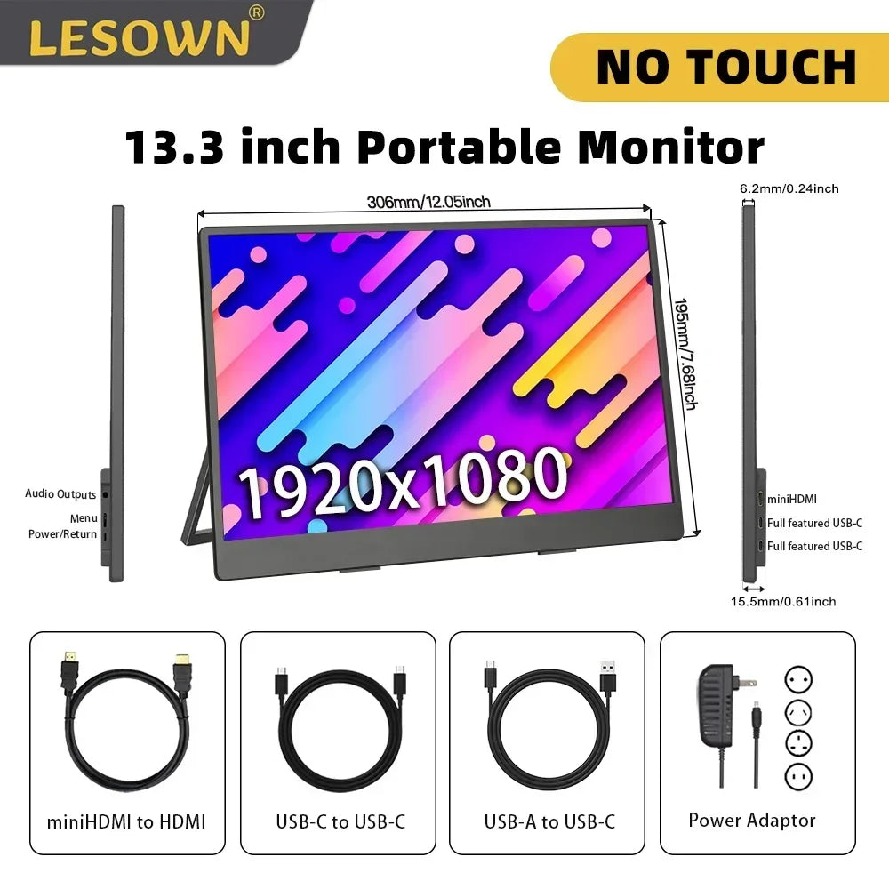 LESOWN Portable Monitor 13.3 inch 4K USB-C HDMI IPS Touch 1920x1080 Widescreen Secondary External Display with Speakers for PC