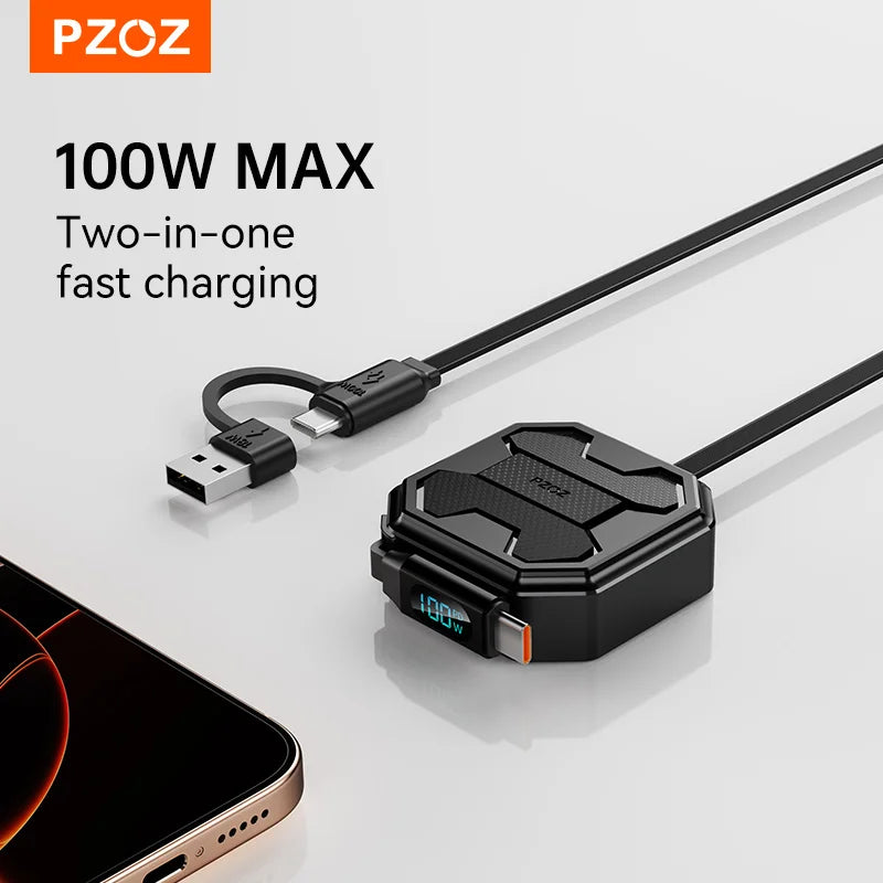 PZOZ 100W C to C Retractable Cable USB to Type C Lightning Digital Display PD Fast Charging Cable Data Wire For iPhone 16 15 14