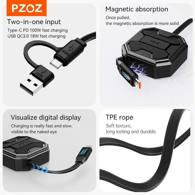 PZOZ 100W C to C Retractable Cable USB to Type C Lightning Digital Display PD Fast Charging Cable Data Wire For iPhone 16 15 14