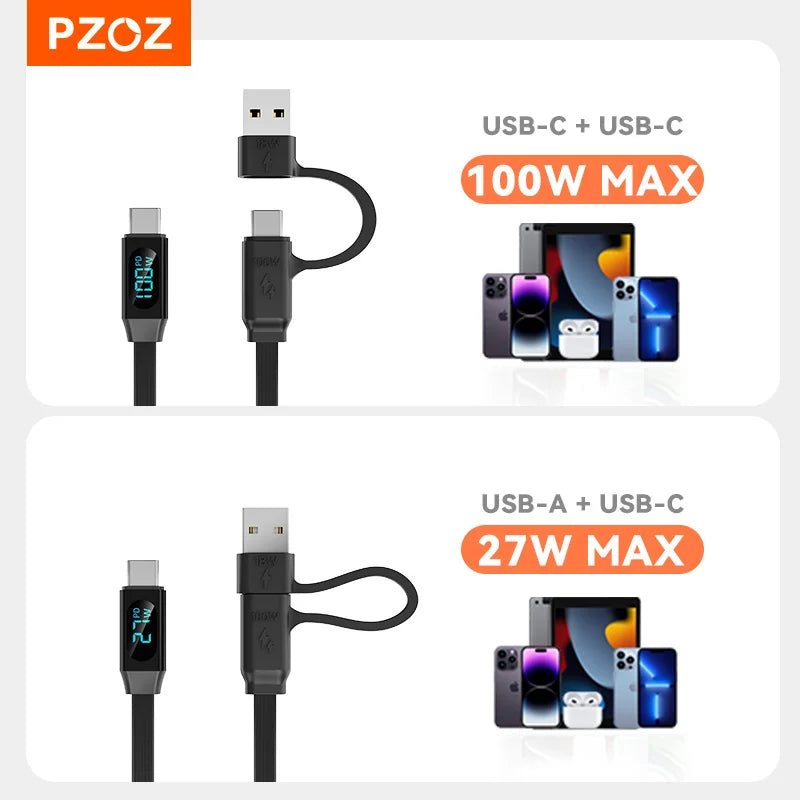 PZOZ 100W C to C Retractable Cable USB to Type C Lightning Digital Display PD Fast Charging Cable Data Wire For iPhone 16 15 14