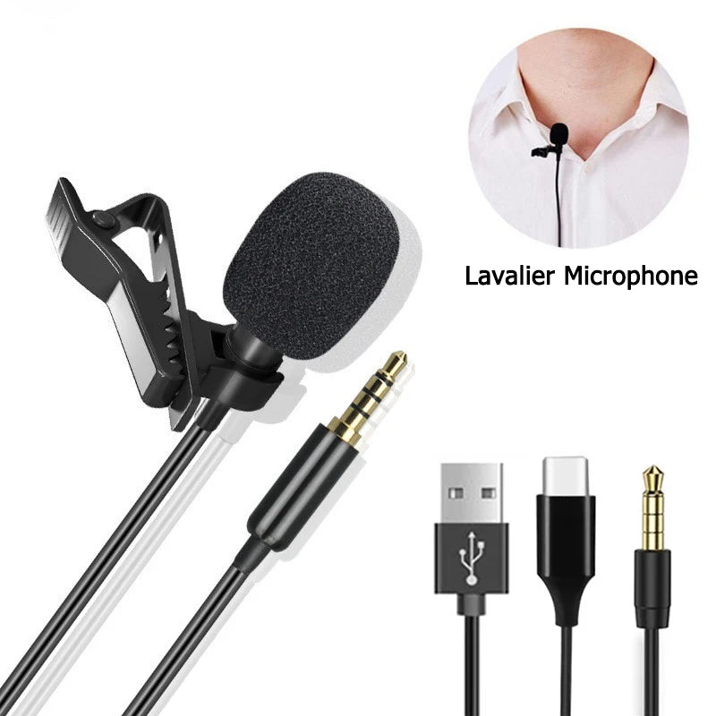 Portable Mini Lavalier Microphone Condenser Clip-on Lapel Mic Wired 3.5mm USB Microfon For Mobile Phone Laptops PC DSLR Camera