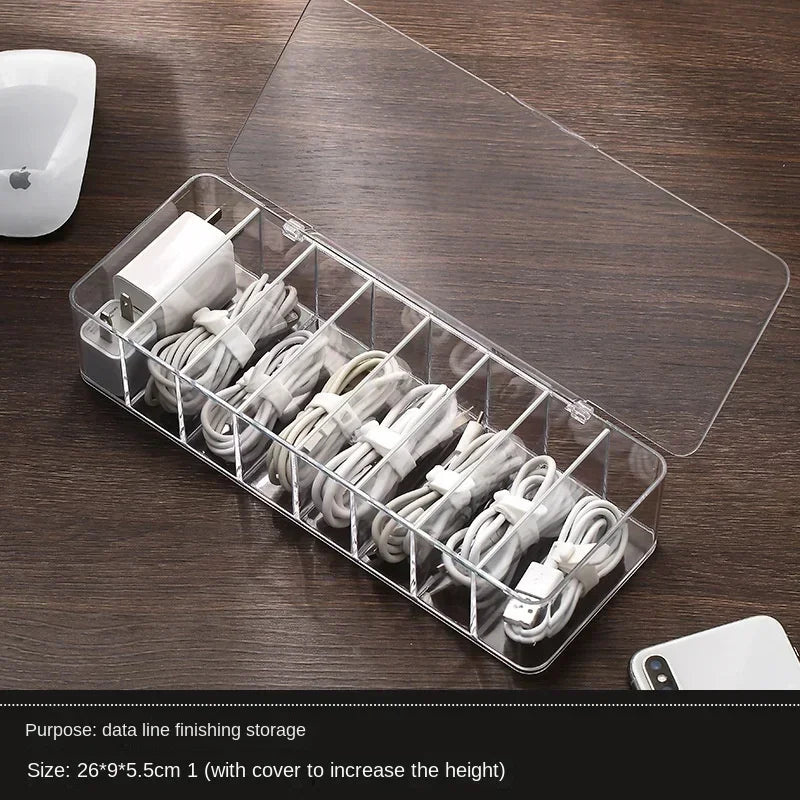 The transparent plastic Data Cable Storage Box household cable MobilePhone Charger Charging Cable Finishing Box Divided Grid Box