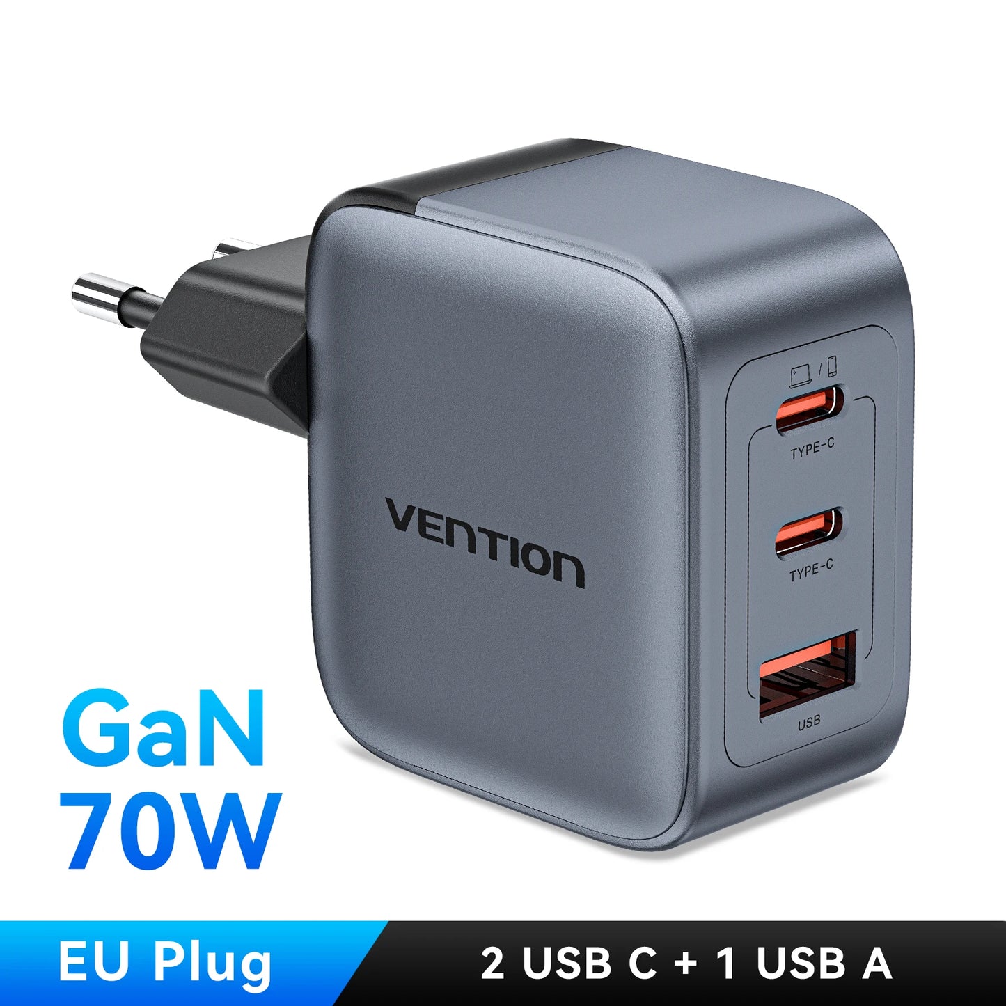 Vention 70W GaN Charger Quick Charge 3.0 USB C Charger for iPhone 16 15 14 Pro Laptop Macbook Air Tablet PD Type C Fast Charger