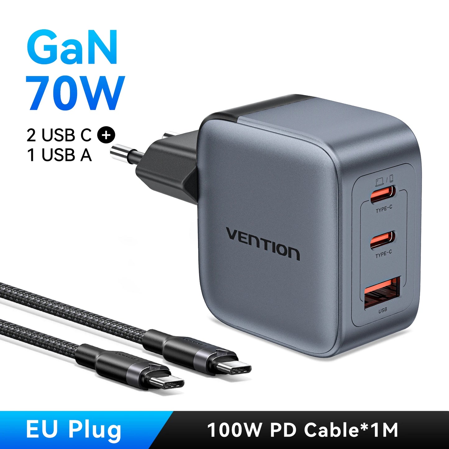 Vention 70W GaN Charger Quick Charge 3.0 USB C Charger for iPhone 16 15 14 Pro Laptop Macbook Air Tablet PD Type C Fast Charger