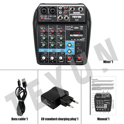 TEYUN A4 Audio Mixer 4-Channel Sound Mixing Console A8 Support Bluetooth USB 48V Power for Karaoke Party Recording Webcasting