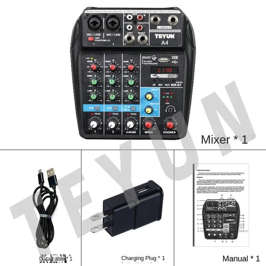TEYUN A4 Audio Mixer 4-Channel Sound Mixing Console A8 Support Bluetooth USB 48V Power for Karaoke Party Recording Webcasting