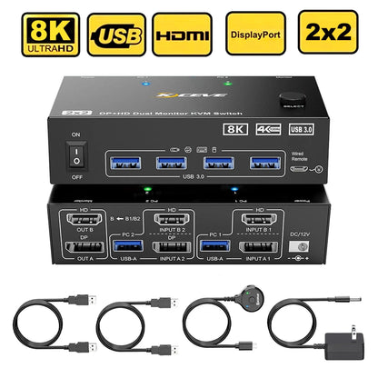 Dual Monitor KVM Switch 2 Port 8K@60Hz 4K@144Hz HDMI-Compatible+DP USB 3.0 Switch Extended Display 2 Monitors 2 Computers
