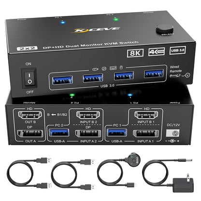Dual Monitor KVM Switch 2 Port 8K@60Hz 4K@144Hz HDMI-Compatible+DP USB 3.0 Switch Extended Display 2 Monitors 2 Computers