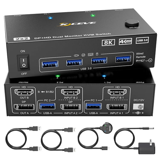 Dual Monitor KVM Switch 2 Port 8K@60Hz 4K@144Hz HDMI-Compatible+DP USB 3.0 Switch Extended Display 2 Monitors 2 Computers