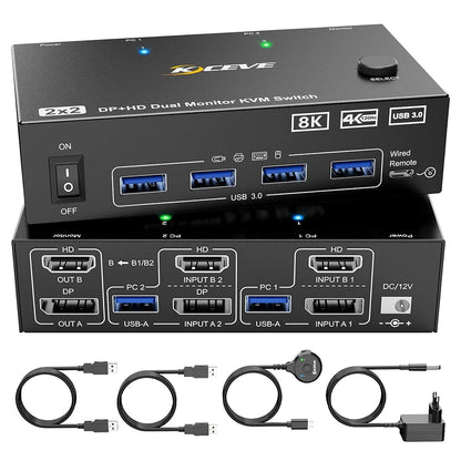 Dual Monitor KVM Switch 2 Port 8K@60Hz 4K@144Hz HDMI-Compatible+DP USB 3.0 Switch Extended Display 2 Monitors 2 Computers
