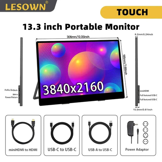 LESOWN Portable Monitor 13.3 inch 4K USB-C HDMI IPS Touch 1920x1080 Widescreen Secondary External Display with Speakers for PC