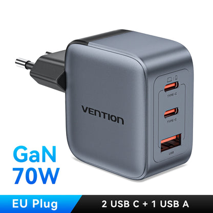 Vention 70W GaN Charger Quick Charge 3.0 USB C Charger for iPhone 16 15 14 Pro Laptop Macbook Air Tablet PD Type C Fast Charger