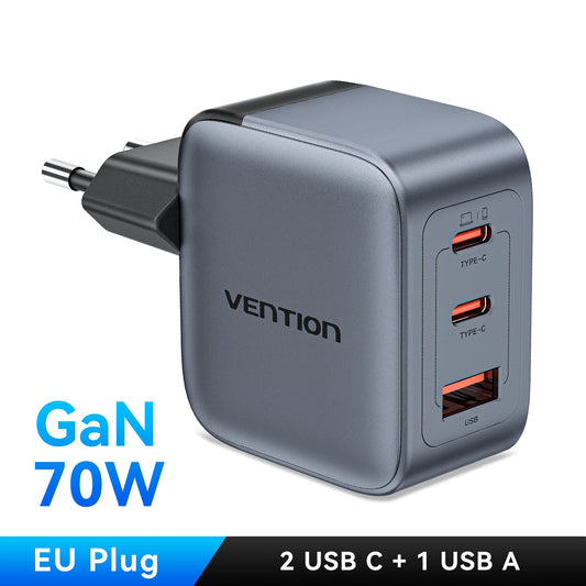 Vention 70W GaN Charger Quick Charge 3.0 USB C Charger for iPhone 16 15 14 Pro Laptop Macbook Air Tablet PD Type C Fast Charger